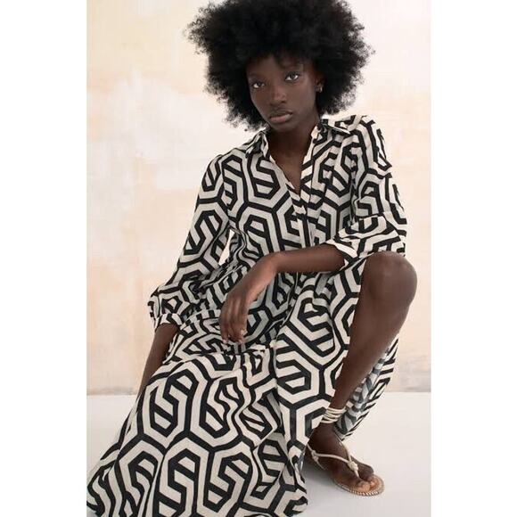 Zara Dresses & Skirts - Zara Moroccan Print Peasant Maxi Dress Large Long Sleeve Black Cream